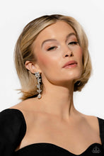 Load image into Gallery viewer, Radiant clusters of white reflective teardrop, marquise-cut and round gems combine with classic white pearls to create an explosion of glitz that extends down the ear. Hanging from the bottom of the light-reflecting earring, a white, reflective teardrop gem swings for some eye-catching shimmer against a backdrop of high-sheen silver. Earring attaches to a standard post fitting.  Sold as one pair of post earrings.
