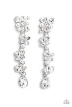 Load image into Gallery viewer, Radiant clusters of white reflective teardrop, marquise-cut and round gems combine with classic white pearls to create an explosion of glitz that extends down the ear. Hanging from the bottom of the light-reflecting earring, a white, reflective teardrop gem swings for some eye-catching shimmer against a backdrop of high-sheen silver. Earring attaches to a standard post fitting.  Sold as one pair of post earrings.
