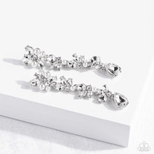 Load image into Gallery viewer, Radiant clusters of white reflective teardrop, marquise-cut and round gems combine with classic white pearls to create an explosion of glitz that extends down the ear. Hanging from the bottom of the light-reflecting earring, a white, reflective teardrop gem swings for some eye-catching shimmer against a backdrop of high-sheen silver. Earring attaches to a standard post fitting.  Sold as one pair of post earrings.
