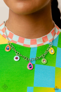 Attached to a section of shiny silver links, a collection of teardrop and round multicolored gems, bordered by Orange Tiger, Summer Song, Fuchsia Fedora, Classic Green, and Samoan Sun frames, swing below the collar. Attached to the silver links, a dainty silver box chain wraps around the neckline, further emphasizing the colorful collision of paint and gems. Features an adjustable clasp closure. Includes one pair of matching earrings.