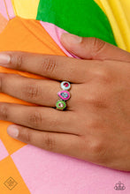 Load image into Gallery viewer, A row of various multicolored rhinestones encased in dainty frames of Classic Green, Fuchsia Fedora, and Summer Song connect across the finger creating a standout impression of color. Each painted frame is encased in a high-sheen silver frame, further emphasizing the collision color and geometric shapes. Features a dainty stretchy band for a flexible fit.
