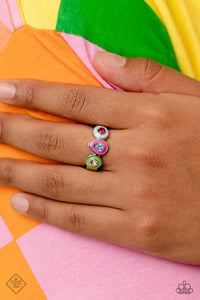 A row of various multicolored rhinestones encased in dainty frames of Classic Green, Fuchsia Fedora, and Summer Song connect across the finger creating a standout impression of color. Each painted frame is encased in a high-sheen silver frame, further emphasizing the collision color and geometric shapes. Features a dainty stretchy band for a flexible fit.