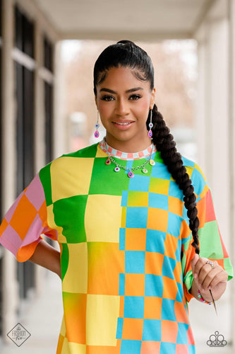 Complete colorblock necklace set, including earrings, bracelet and a ring on a Model.