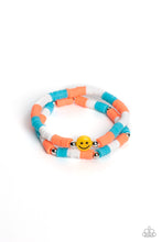 Load image into Gallery viewer, Coral, blue, and white rubber discs combine with sporadically placed silver beads to provide a vibrant pop of color along the wrist. Meeting in the center of one of the multi-shaded bracelets, a yellow bead with a smiley face, featuring stars for eyes, rests for a youthful finish.  Sold as one set of two bracelets.
