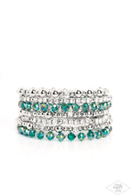 Load image into Gallery viewer, An icy collection of silver beads, cubes, opaque green crystals with an iridescent shimmer, and glassy white rhinestones are threaded along a coiled wire, creating a blinding infinity wrap style bracelet around the wrist. Due to its prismatic palette, color may vary.  Sold as one individual bracelet.
