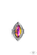 Load image into Gallery viewer, Featuring a UV shimmer, a dramatic gem is pressed into the center of stacking gunmetal frames encrusted in row after row of hematite rhinestones for a blinding look. Features a stretchy band for a flexible fit. Due to its prismatic palette, color may vary.  Sold as one individual ring.
