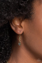 Load image into Gallery viewer, Rhinestone hanging from a brass fish hook earring.
