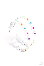 Load image into Gallery viewer, A dainty collection of white daisies with white, orange, green, blue, pink, and purple centers blooms into a free-spirited hoop around the ear. Earring attaches to a standard post fitting. Hoop measures approximately 2&quot; in diameter.  Sold as one pair of hoop earrings.
