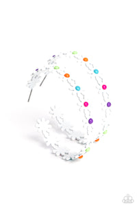 A dainty collection of white daisies with white, orange, green, blue, pink, and purple centers blooms into a free-spirited hoop around the ear. Earring attaches to a standard post fitting. Hoop measures approximately 2" in diameter.  Sold as one pair of hoop earrings.