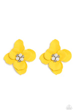 Load image into Gallery viewer, Blooming from a dainty white pearl and studded center, yellow petals flare out around the ear in a delicate, airy manner for a feminine finish. Earring attaches to a standard post fitting.

