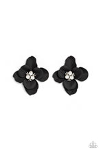 Load image into Gallery viewer, Blooming from a dainty white pearl and studded center, black petals flare out around the ear in a delicate, airy manner for a feminine finish. Earring attaches to a standard post fitting.  Sold as one pair of post earrings.
