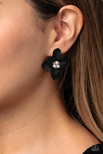 Load image into Gallery viewer, Blooming from a dainty white pearl and studded center, black petals flare out around the ear in a delicate, airy manner for a feminine finish. Earring attaches to a standard post fitting.  Sold as one pair of post earrings.
