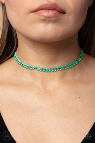 ﻿Fierce Classic Green beads curve into dauntless v-shaped silver frames around the collar, mimicking a Grecian wreath for a fashionable finish. Features an adjustable clasp closure.  Sold as one individual choker necklace. Includes one pair of matching earrings.