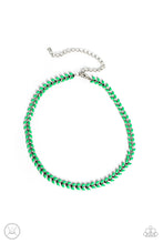 Load image into Gallery viewer, ﻿Fierce Classic Green beads curve into dauntless v-shaped silver frames around the collar, mimicking a Grecian wreath for a fashionable finish. Features an adjustable clasp closure.  Sold as one individual choker necklace. Includes one pair of matching earrings.
