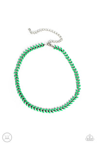 ﻿Fierce Classic Green beads curve into dauntless v-shaped silver frames around the collar, mimicking a Grecian wreath for a fashionable finish. Features an adjustable clasp closure.  Sold as one individual choker necklace. Includes one pair of matching earrings.