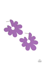 Load image into Gallery viewer, Asymmetrical, oversized purple petals bloom into an abstract flower hoop for a fashionable, attention-grabbing pop of color around the ear. Earring attaches to a standard post fitting. Hoop measures approximately 2&quot; in diameter.  Sold as one pair of hoop earrings.

