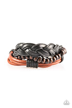 Load image into Gallery viewer, A mishmash of black braided twine and leather and strands of shiny brown leather cording layer across the wrist. A strand of wooden beads is added to the urban palette for an earthy finish. Features an adjustable sliding knot closure. Sold as one individual bracelet.
