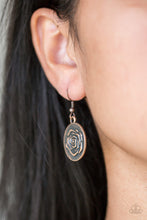 Load image into Gallery viewer, Embossed in a whimsical rosebud pattern, a shimmery copper frame swings from a copper fish hook earring.
