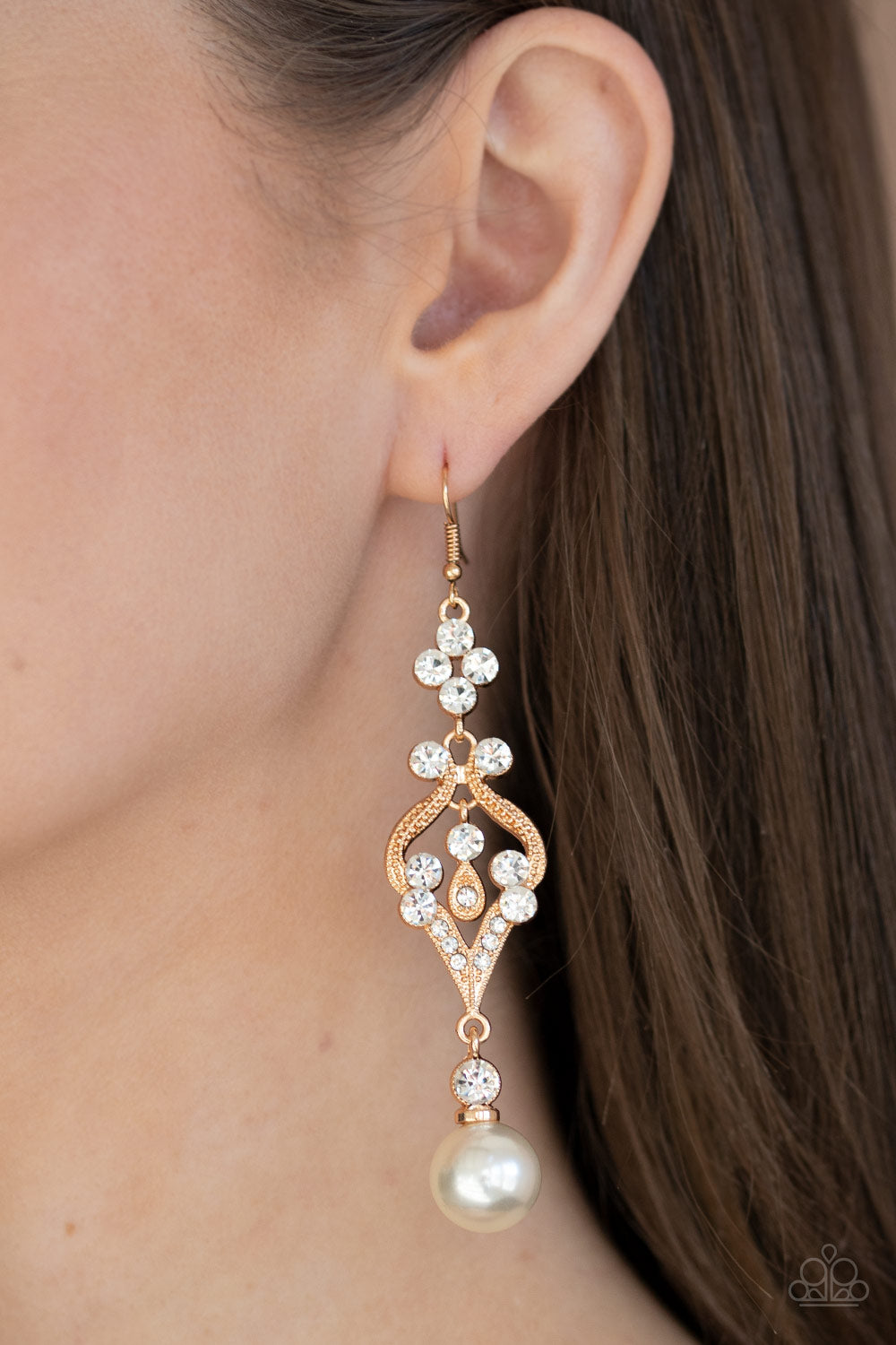 Elegantly Extravagant - Gold Pearl Rhinestone Earrings