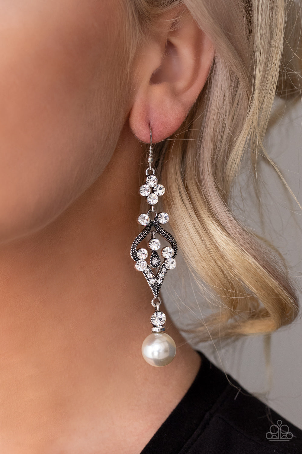 Elegantly Extravagant - White Pearl Rhinestone Earrings