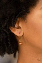 Load image into Gallery viewer, Brown moonstone hanging from a brass fish hook earring.
