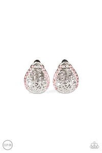 Trimmed in glassy pink rhinestones, vine-like filigree climbs a dainty silver teardrop for a whimsical look. Earring attaches to a standard clip-on fitting. Sold as one pair of clip-on earrings.