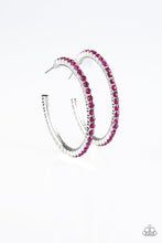 Load image into Gallery viewer, Encrusted in glassy pink rhinestones, a textured silver hoop curls around the ear for a refined look. Earring attaches to a standard post fitting. Hoop measures 1 3/4&quot; in diameter.  Sold as one pair of hoop earrings.
