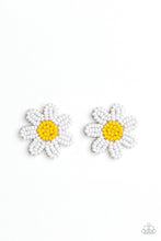 Load image into Gallery viewer, Layers of white seed bead petals fan out from a yellow seed bead center, blooming into a textured floral centerpiece. Earring attaches to a standard post fitting.  Sold as one pair of post earrings.
