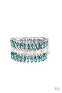 Featuring refined marquise cuts, glittery blue rhinestones flare from a center of glassy white rhinestones, creating a regal band across the finger. Features a stretchy band for a flexible fit. Sold as one individual ring.
