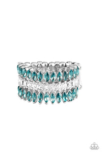 Featuring refined marquise cuts, glittery blue rhinestones flare from a center of glassy white rhinestones, creating a regal band across the finger. Features a stretchy band for a flexible fit.  Sold as one individual ring.