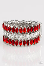 Load image into Gallery viewer, Featuring refined marquise cuts, glittery red rhinestones flare from a center of glassy white rhinestones, creating a regal band across the finger. Features a stretchy band for a flexible fit. Sold as one individual ring.
