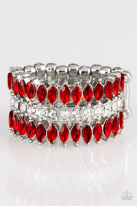 Featuring refined marquise cuts, glittery red rhinestones flare from a center of glassy white rhinestones, creating a regal band across the finger. Features a stretchy band for a flexible fit. Sold as one individual ring.