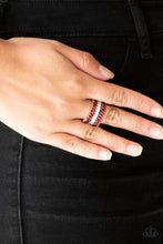 Load image into Gallery viewer, Featuring refined marquise cuts, glittery red rhinestones flare from a center of glassy white rhinestones, creating a regal band across the finger. Features a stretchy band for a flexible fit. Sold as one individual ring.
