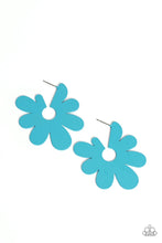 Load image into Gallery viewer, Asymmetrical, oversized blue petals bloom into an abstract flower hoop for a fashionable, attention-grabbing pop of color around the ear. Earring attaches to a standard post fitting. Hoop measures approximately 2&quot; in diameter.  Sold as one pair of hoop earrings.
