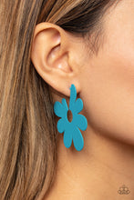 Load image into Gallery viewer, Asymmetrical, oversized blue petals bloom into an abstract flower hoop for a fashionable, attention-grabbing pop of color around the ear. Earring attaches to a standard post fitting. Hoop measures approximately 2&quot; in diameter.  Sold as one pair of hoop earrings.
