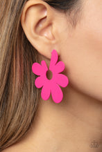 Load image into Gallery viewer, Asymmetrical, oversized Pink Peacock petals bloom into an abstract flower hoop for a fashionable, attention-grabbing pop of color around the ear. Earring attaches to a standard post fitting. Hoop measures approximately 2&quot; in diameter.  Sold as one pair of hoop earrings.
