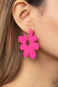 Asymmetrical, oversized Pink Peacock petals bloom into an abstract flower hoop for a fashionable, attention-grabbing pop of color around the ear. Earring attaches to a standard post fitting. Hoop measures approximately 2" in diameter.  Sold as one pair of hoop earrings.