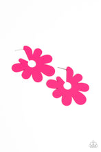 Load image into Gallery viewer, Asymmetrical, oversized Pink Peacock petals bloom into an abstract flower hoop for a fashionable, attention-grabbing pop of color around the ear. Earring attaches to a standard post fitting. Hoop measures approximately 2&quot; in diameter.  Sold as one pair of hoop earrings.
