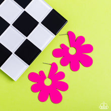 Load image into Gallery viewer, Asymmetrical, oversized Pink Peacock petals bloom into an abstract flower hoop for a fashionable, attention-grabbing pop of color around the ear. Earring attaches to a standard post fitting. Hoop measures approximately 2&quot; in diameter.  Sold as one pair of hoop earrings.
