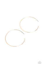 Load image into Gallery viewer, Featuring a high-sheen, a slightly flared, thin smooth gold bar curves into an oversized hoop resulting in a basic staple piece. Earring attaches to a standard post fitting. Hoop measures approximately 2 1/2&quot; in diameter.  Sold as one pair of hoop earrings.

