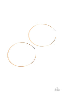 Featuring a high-sheen, a slightly flared, thin smooth gold bar curves into an oversized hoop resulting in a basic staple piece. Earring attaches to a standard post fitting. Hoop measures approximately 2 1/2" in diameter.  Sold as one pair of hoop earrings.