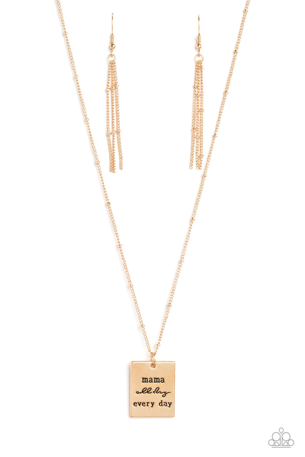 Infused with dainty gold studs on a dainty gold chain, a gold rectangular plate is stamped with the phrase 