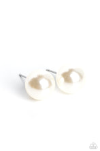 Load image into Gallery viewer, An oversized white pearl, stands out against the ear adding a timeless twist to a basic staple piece perfect for layering. Earring attaches to a standard post fitting.  Sold as one pair of post earrings.
