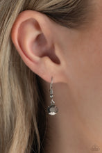 Load image into Gallery viewer, Small silver bead hanging from a silver fish hook earring.
