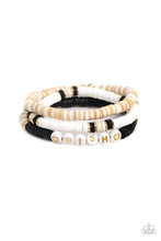 Load image into Gallery viewer, Varying in shades, tan, black, and white clay discs pair with shiny gold disc beads and accents creating layers across the wrist. Featured on one of the bracelets, white beads stamped with gold lettering spell out the word &quot;wish,&quot; while gold heart silhouettes stamped in the same white beads frame the inspirational phrase for a wistful finish.  Sold as one set of three bracelets.
