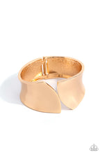 Load image into Gallery viewer, A thick band of high-sheen gold, with its edges seemingly sheared off, creates a sharp, edgy cuff-like bracelet around the wrist. Features a hinged closure.  Sold as one individual bracelet.
