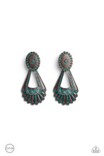 Load image into Gallery viewer, Dangling from a Southwestern-patterned post, a rustic, brass patina frame swings for some aged authenticity below the ear. Feathered details stream from the lower frame for additional artisanal detail. Earring attaches to a standard clip-on fitting.  Sold as one pair of clip-on earrings.
