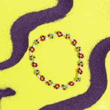 Load image into Gallery viewer, Strung along the entirety of an invisible wire, white seed beads coalesce around the ankle. The row of white seed beads are haphazardly interrupted by blooming colorful seed bead flowers, with yellow centers for a carefree, charismatic finish.  Sold as one individual anklet.
