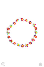 Load image into Gallery viewer, Strung along the entirety of an invisible wire, white seed beads coalesce around the ankle. The row of white seed beads are haphazardly interrupted by blooming colorful seed bead flowers, with yellow centers for a carefree, charismatic finish.  Sold as one individual anklet.
