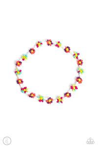 Strung along the entirety of an invisible wire, white seed beads coalesce around the ankle. The row of white seed beads are haphazardly interrupted by blooming colorful seed bead flowers, with yellow centers for a carefree, charismatic finish.  Sold as one individual anklet.